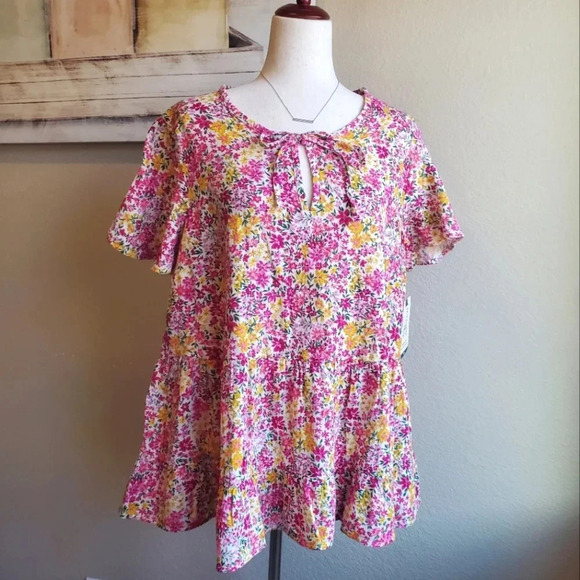 Terra & Sky Tops - TERRA & SKY | Swing Tiered Tie Front in Tickled Pink sz 2X